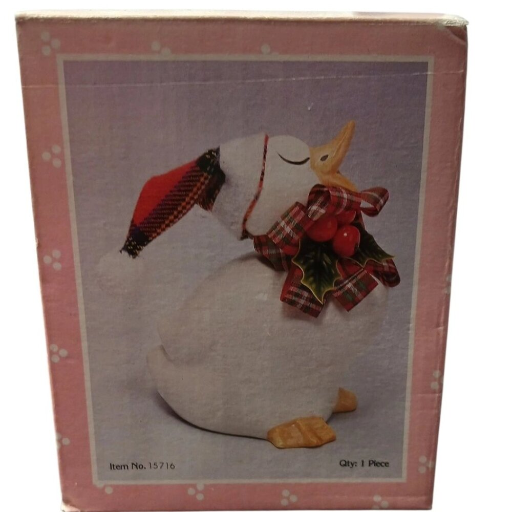 Vintage Holiday Ceramic Duck Figurine W/ Hat & Plaid Scarf White/Yellow 7"